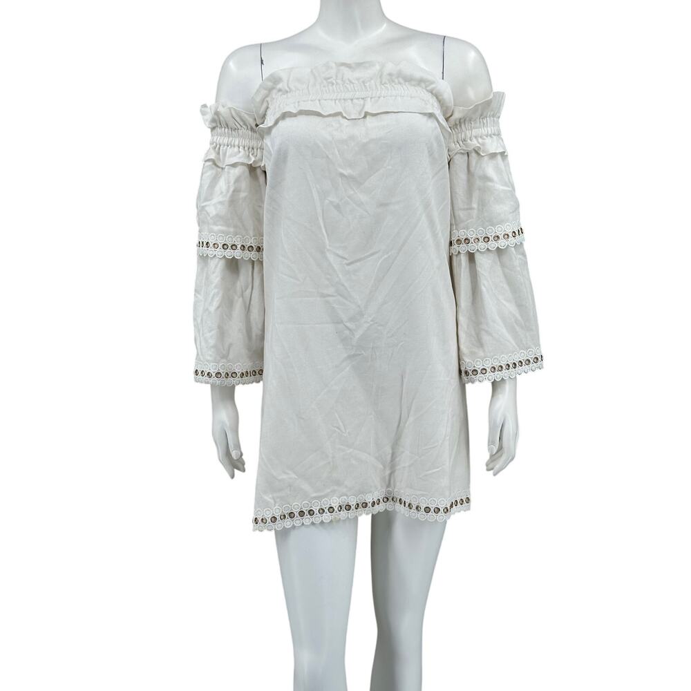 Misa Dress Womens XS White Valerie Off the‎ Shoulder Mini Linen Grommets Boho